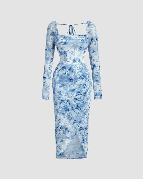 Front view of Floral print mesh midi dress for women with tie front detail and long sleeves, elegant summer and spring outfit