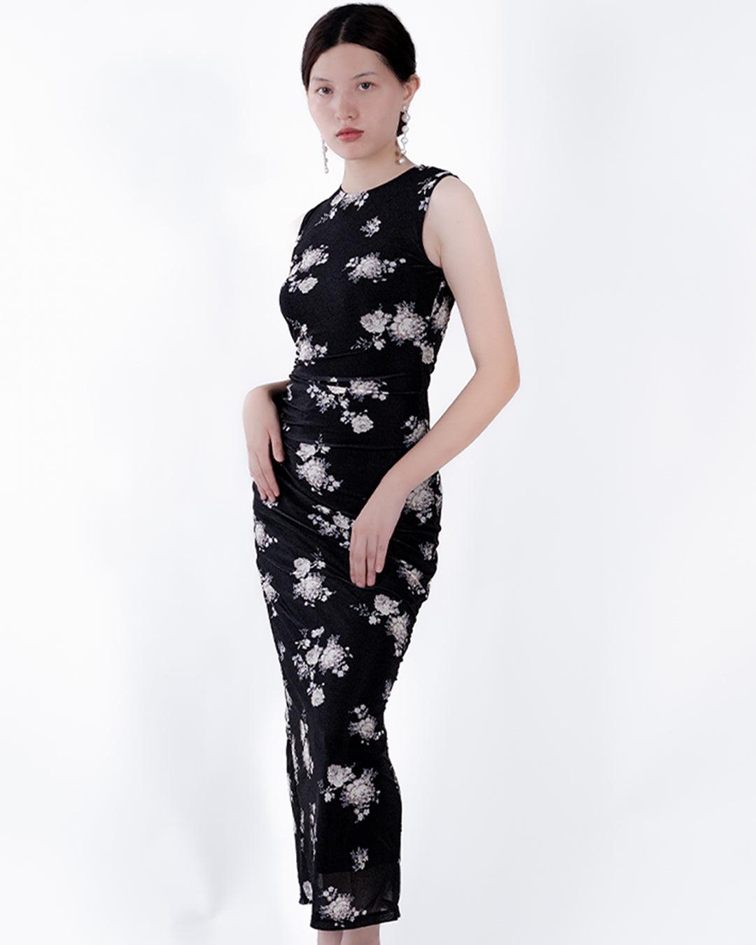 Floral Print Mesh Ruched Black Bodycon Dress - Littlebox India Floral Print Mesh Ruched Black Bodycon Dress - Littlebox India