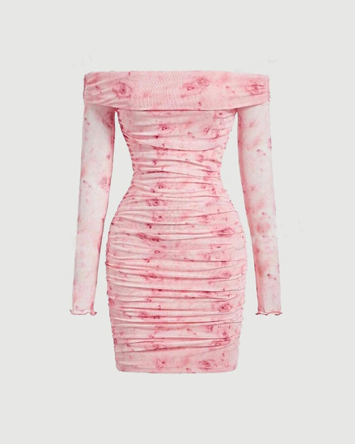 Pink off-the-shoulder mini bodycon dress with long sheer sleeves and a delicate floral print