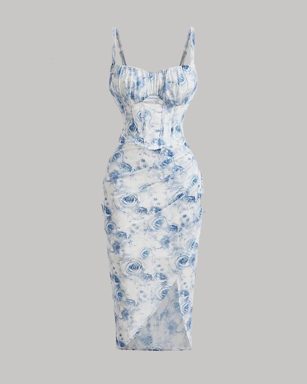 Floral Print Strap Waist Blue Dress - Littlebox India Floral Print Strap Waist Blue Dress - Littlebox India