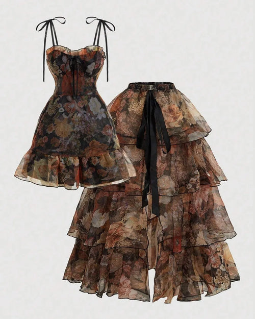 Floral tiered corset gown with sheer ruffles and a detachable skirt, featuring a vibrant flower pattern