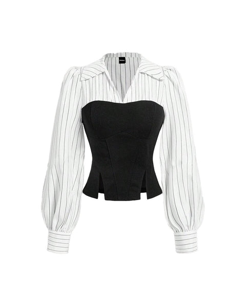 Formal Collared V Neck Long Sleeve Shirt in Black and White Front View for Women | Littlebox India