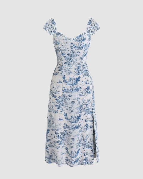 Sweetheart Neck Floral Slit Midi Dress Front View for Women | Littlebox India
