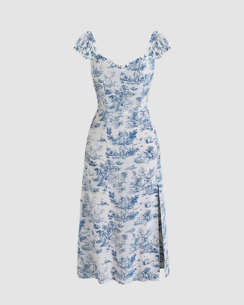 blue and white floral print midi dress inspired by the French countryside