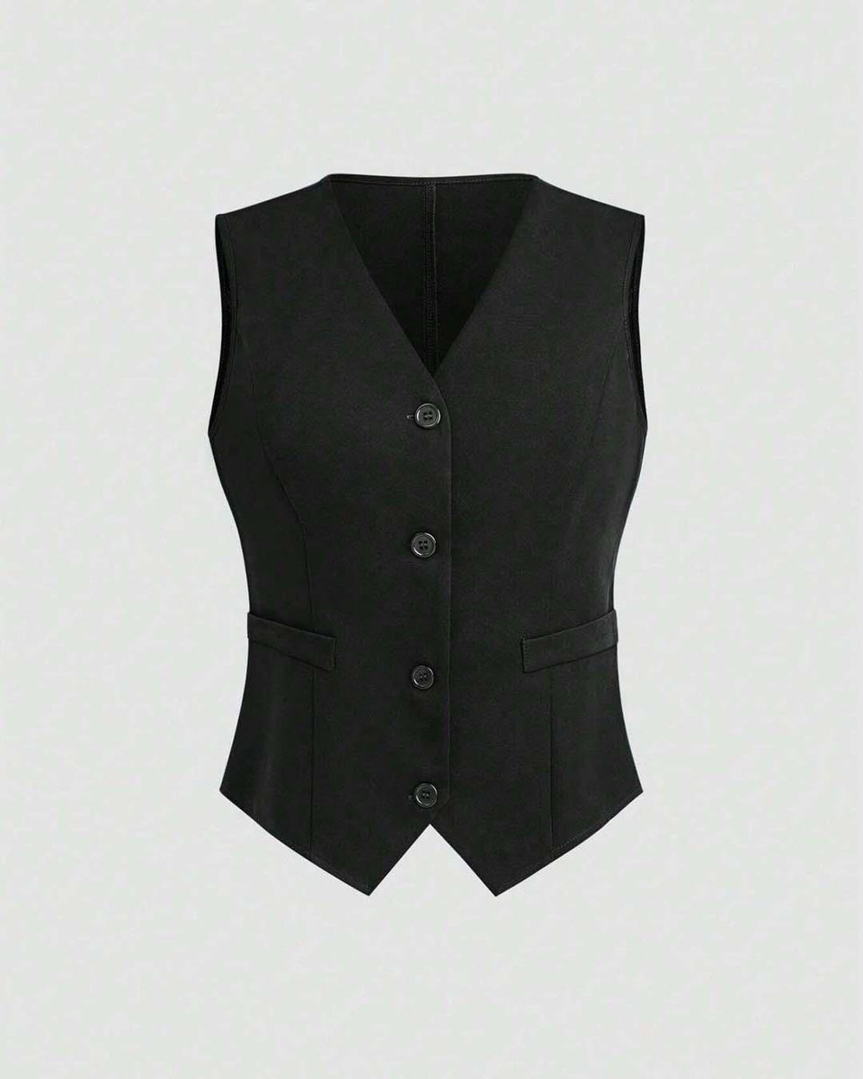 Front Button Sleeveless Faux Pocket Simple Casual Vest