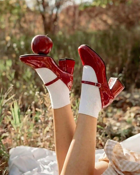 Burgundy Round-Toe Block Heel Pumps