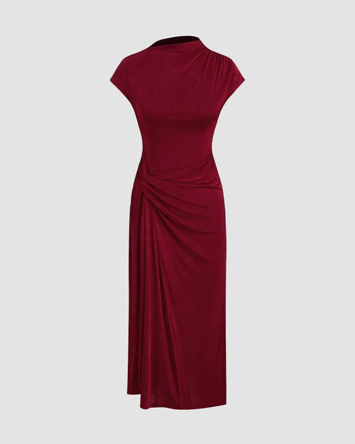 Front view of Maroon half sleeve maxi dress with high neck and draped waist detail, shown front and back on plain studio background.