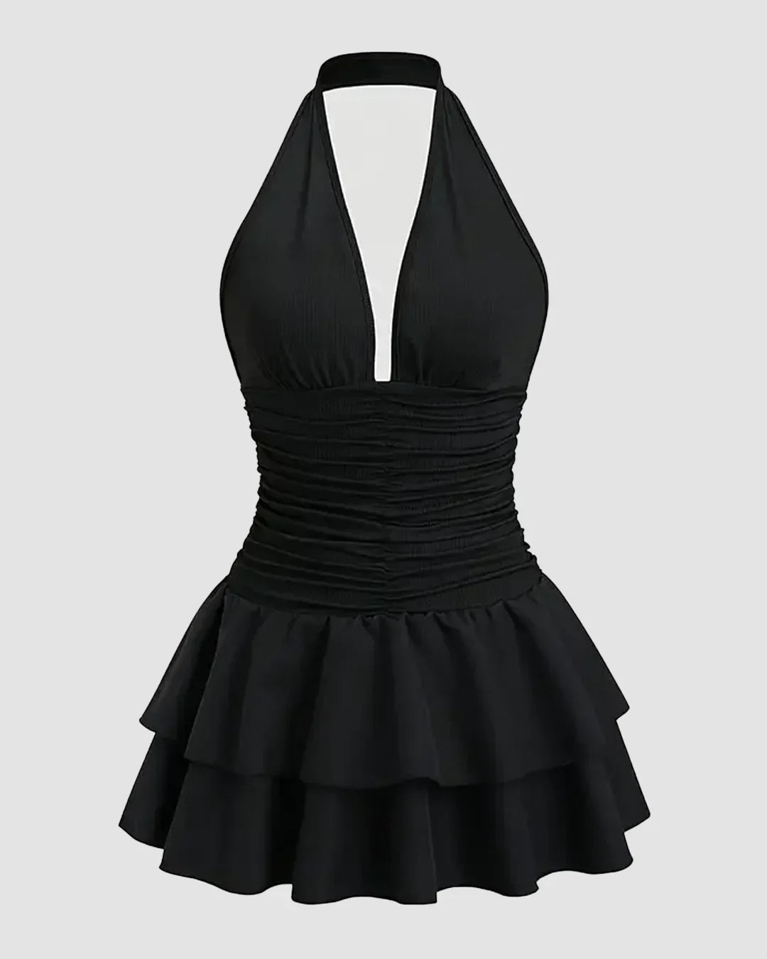 Halter Neck Dress Ruched Waist Tiered Mini in Black - Littlebox India Halter Neck Dress Ruched Waist Tiered Mini in Black - Littlebox India