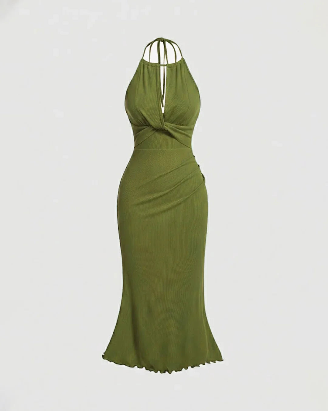Halter Neck Slim Fit Solid Front Tie Backless Maxi Dress in Green- Littlebox India Halter Neck Slim Fit Solid Front Tie Backless Maxi Dress in Green- Littlebox India