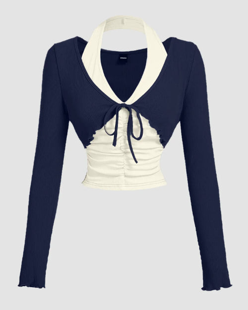 Front view of Blue white top with halter neck and straight hem, 2-in-1 layered crop design with full sleeves
