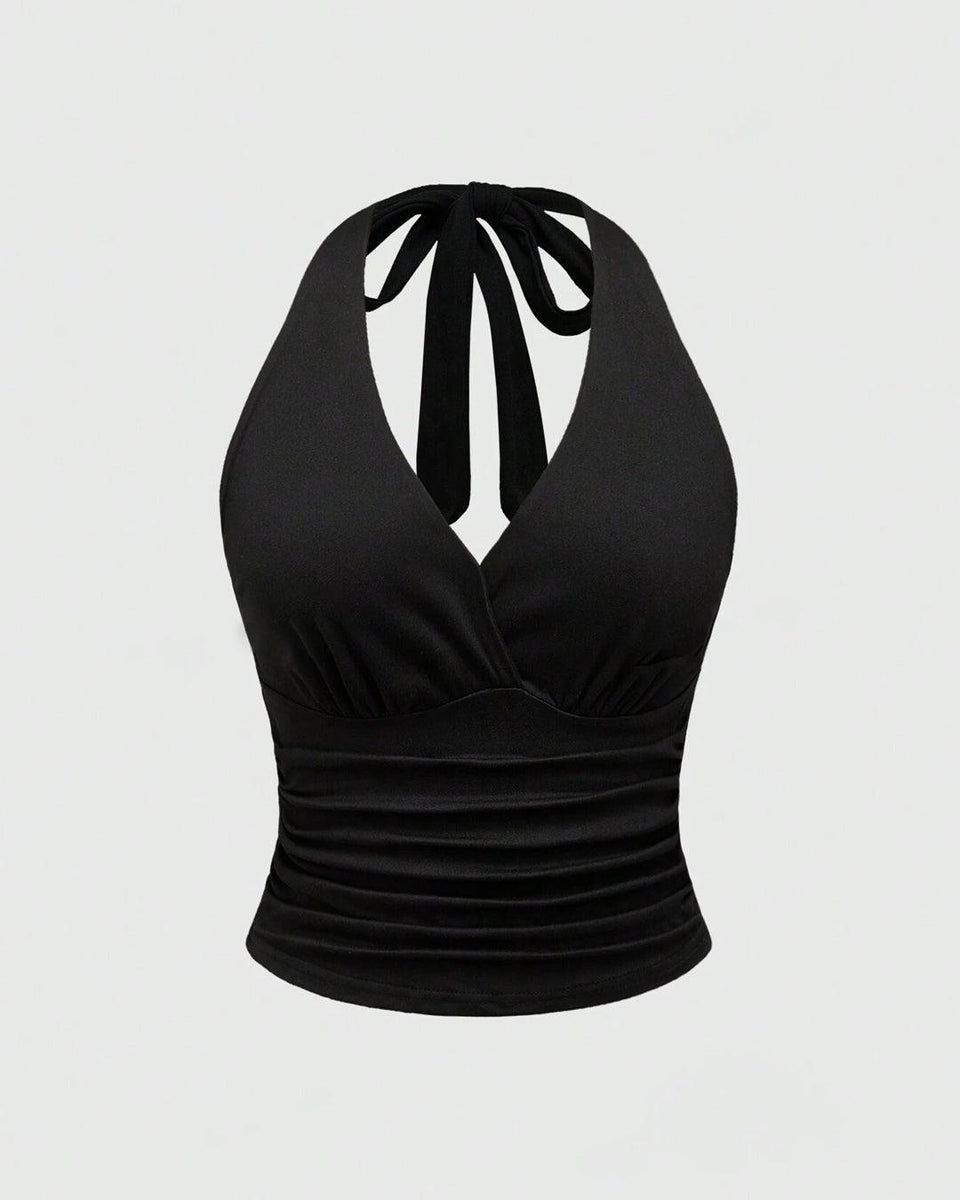 Halter Tie Waist Ruched Fitted Chic Glamour Black Tank Top