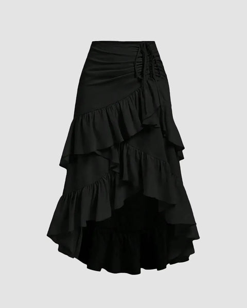 Front view of Black drawstring skirt with high-low hem, layered ruffles, and adjustable waist for a flowy feminine look.