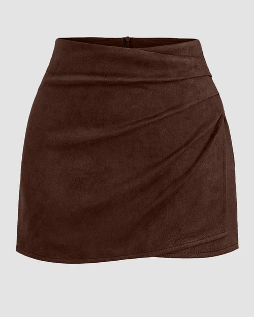 High-Waist Draped Wrap Mini Skirt in Brown Front View For Women | Littlebox India