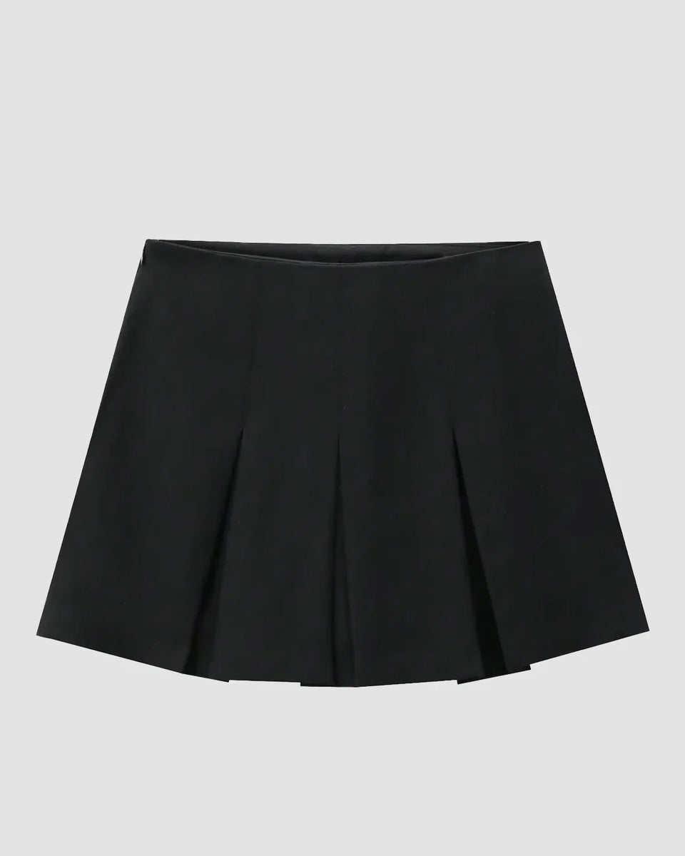 High-Waist Pleated A-Line Mini Skirt in Black