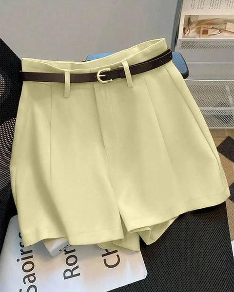 High-Waist Pleated Tailored Shorts Without Belt in French Vanilla Front View for Women | Littlebox India