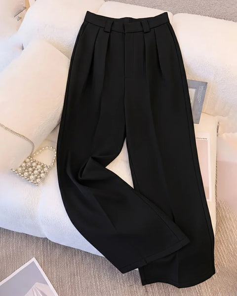 High-Waisted Wide-Leg Tailored Trousers in Black Front View For Women | Littlebox India