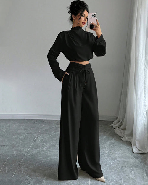 High Neck Full Sleeve Top and Wide Leg Pants Set in Black Front View for Women | Littlebox India