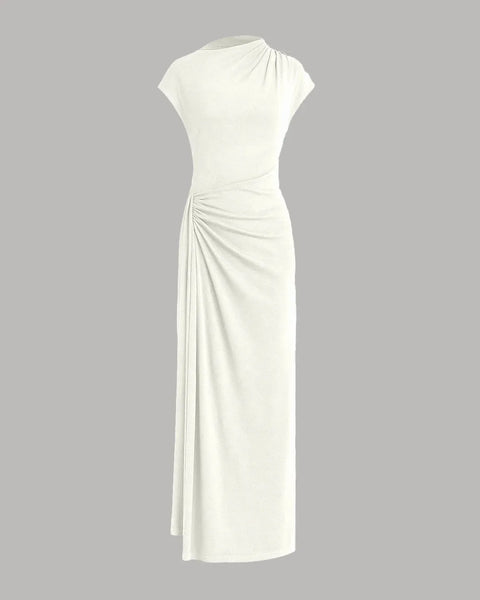 Front view of Milky white high-neck maxi dress with draped waist and front slit, worn by model against studio backdrop.