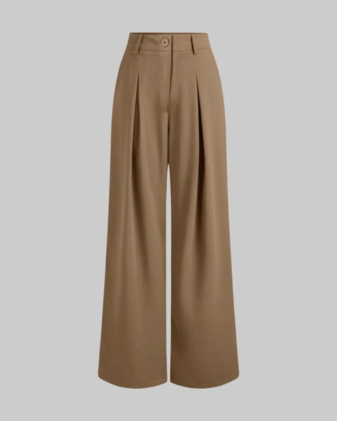 Front view of High rise Korean style brown trousers with pleated front, wide leg fit, smooth fabric, and full length silhouette.