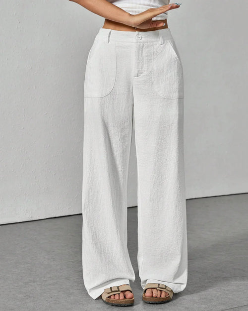 High Waist Wide Leg Linen Trousers In White Front View For Women | Littlebox India