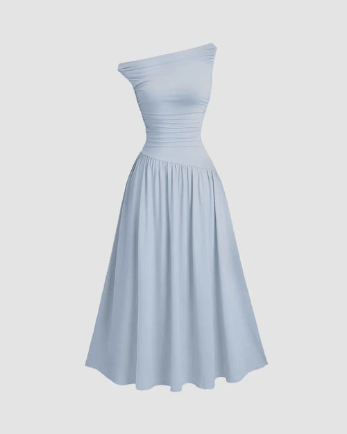 Light blue off-shoulder fit and flare midi dress, showcasing a stylish one-shoulder design.