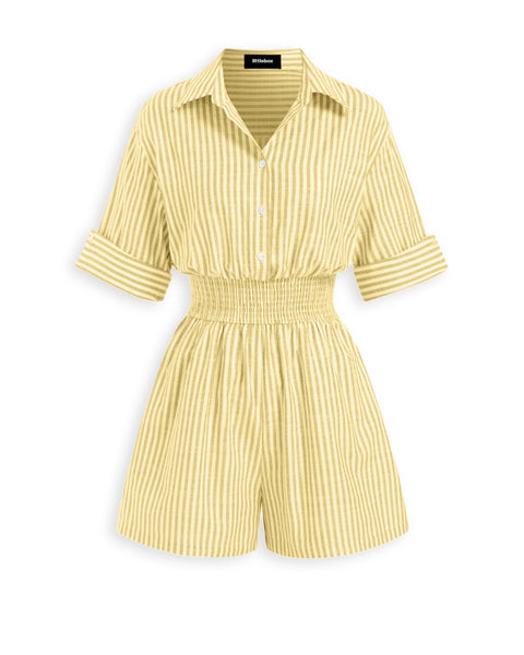 Collared Striped Waist Cinched Playsuit in Lemon Yellow
