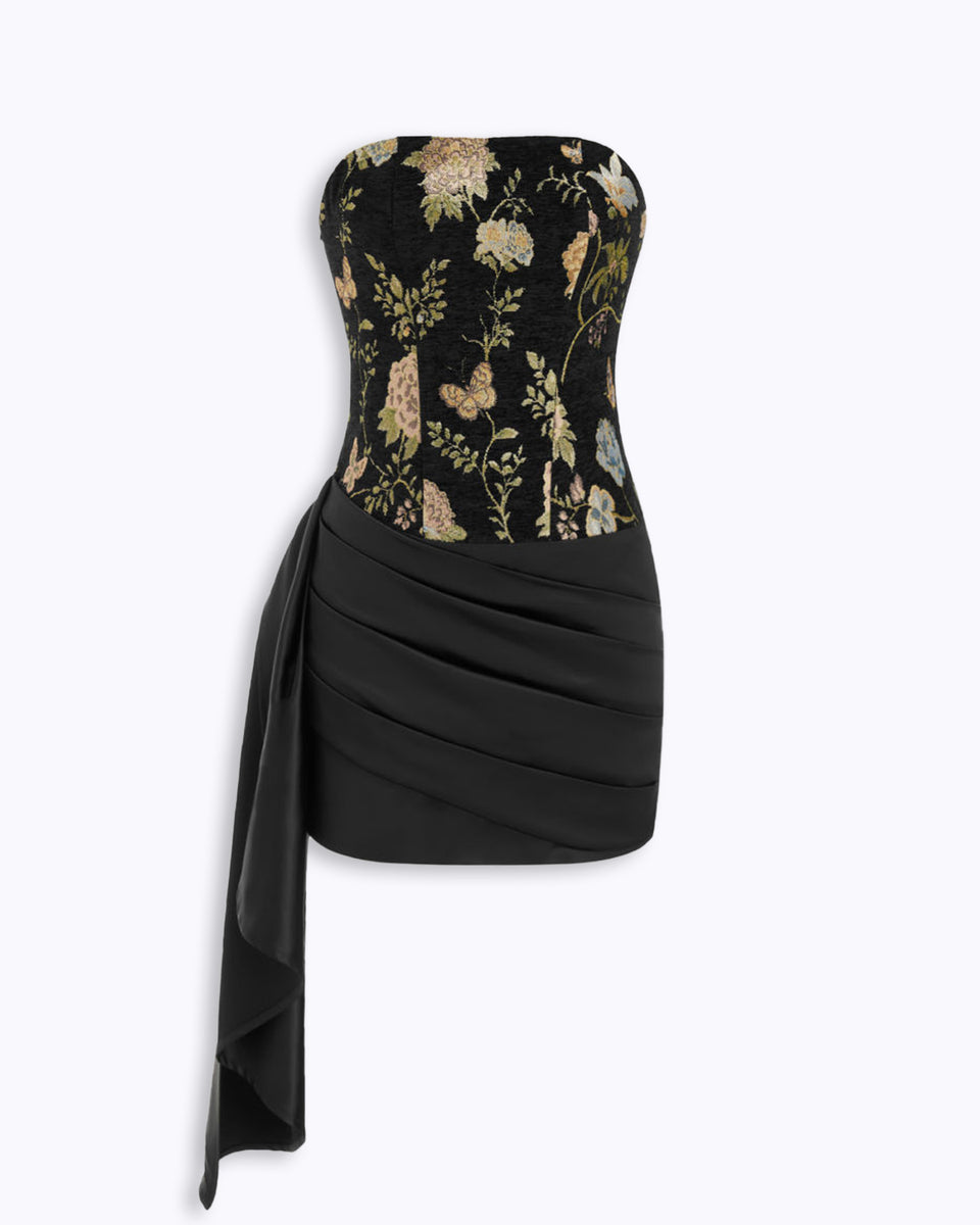 gold jacquard bandeau curve hem bodycon dress Hema Embossed Gold Jacquard Goddess Gown with Iris Drape