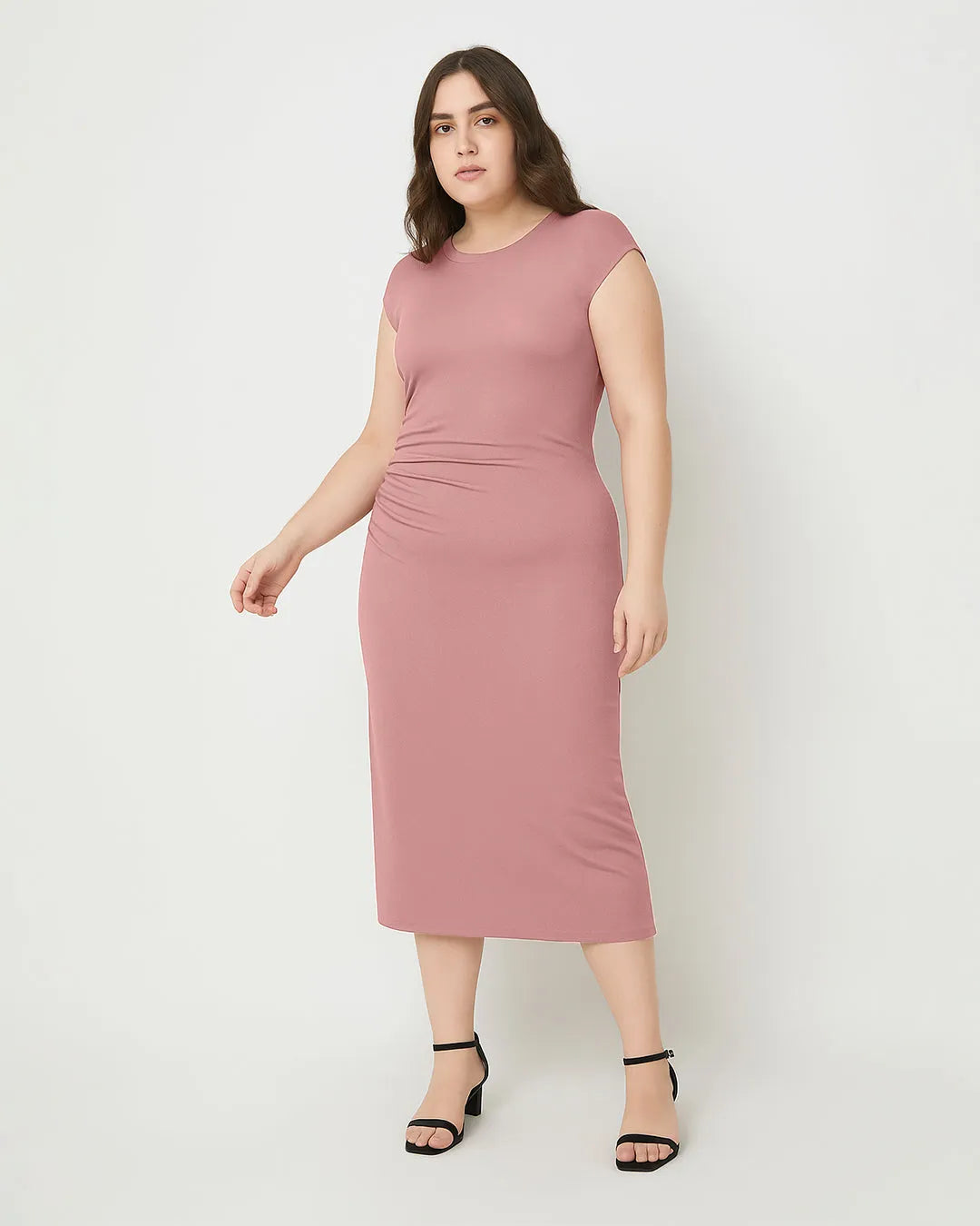 Knitted Short Sleeve Bodycon Dress With Pleated Waist In Pink Curve & Knitted Short Sleeve Bodycon Dress With Pleated Waist In Pink Curve &