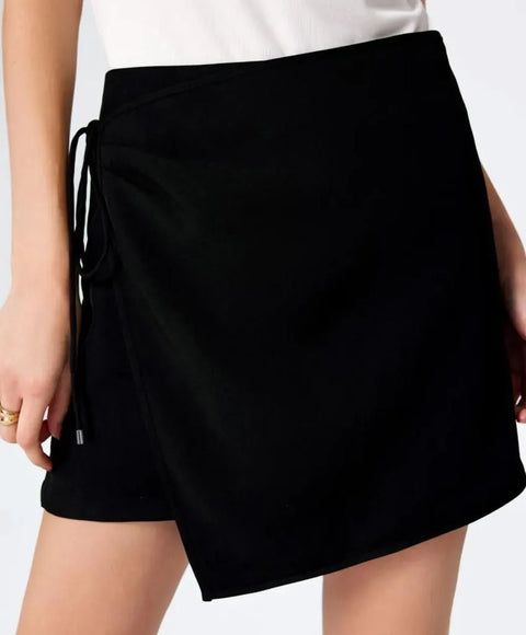 Knotted Wrap Mini Skirt in Black Front View for Women | Littlebox India