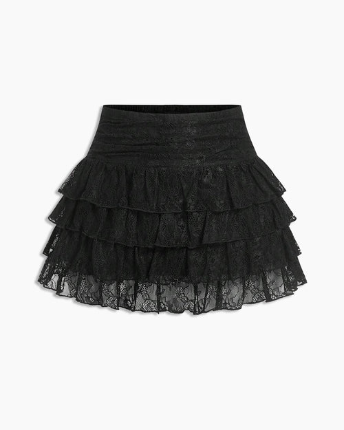 Lace Ruffle Hem Mini Skirt in Black Front View For Women | Littlebox India