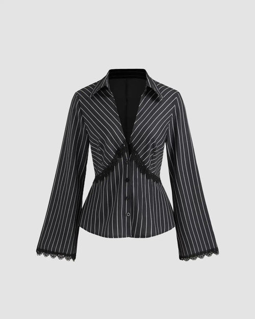 black pinstriped button-up shirt with a structured collar, long flared sleeves, and delicate lace trim detailing along the bust and cuffs