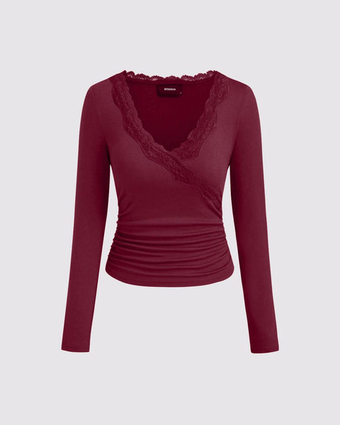 Lace Trim V Neck Ruched Full Sleeve Top in Maroon Front View for Women | Littlebox India