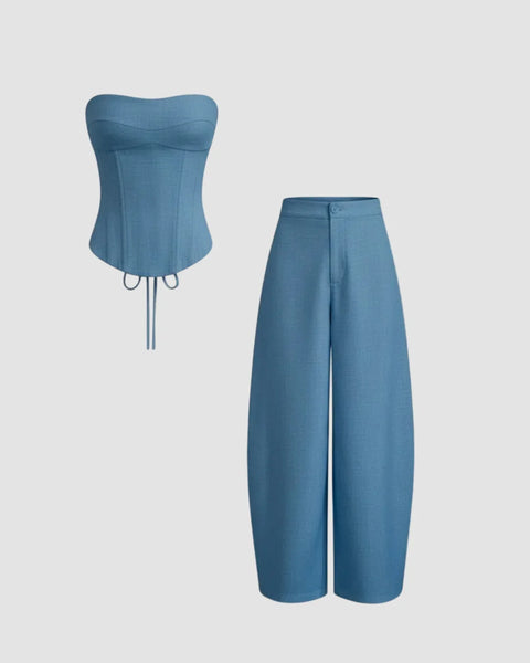Lace Up Corset Bandeau Top & Mid Rise Barrel-leg Trousers Set in Dark Blue Front View for Women | Littlebox India