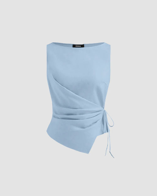 Light Blue Asymmetrical Ruched Side Tie Sleeveless Top Front View For Women | Littlebox India