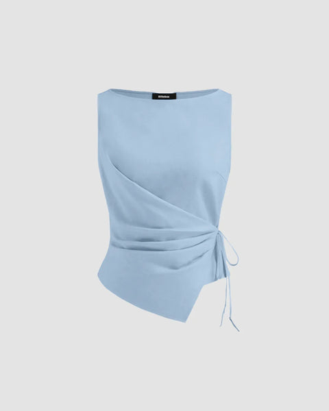 Front view of Light blue sleeveless top with a knot detail on a white background
