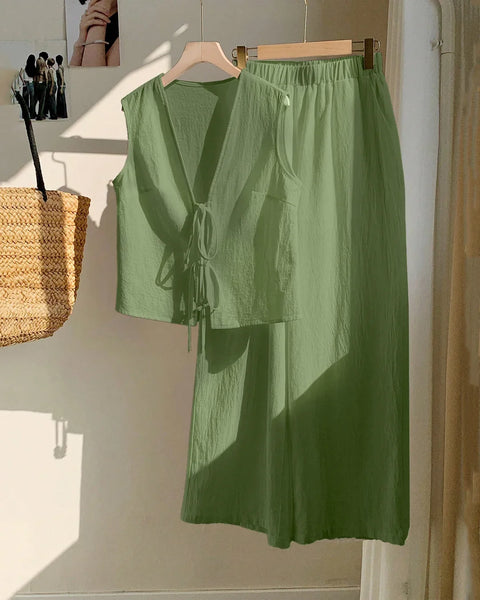Light Pista Sleeveless Tie-Back Top & Wide-Leg Pants Co-Ord Set Front View For Women | Littlebox India