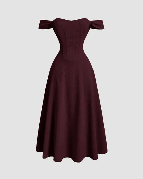 Maroon one-shoulder dress with faux fishbone design, romantic style women’s evening wear