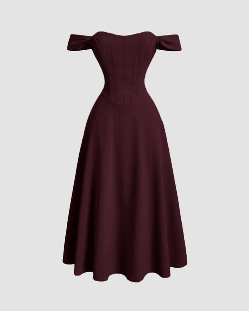 Maroon one-shoulder dress with faux fishbone design, romantic style women’s evening wear