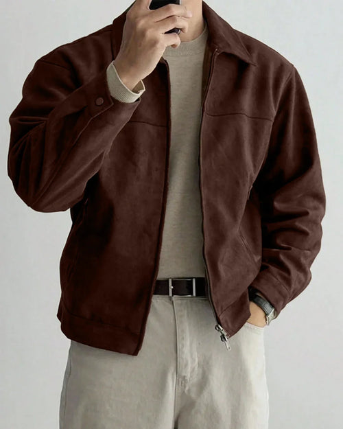 Front view of Brown full sleeve jacket for men with button-down front, collared neckline, and structured fit for casual layering.