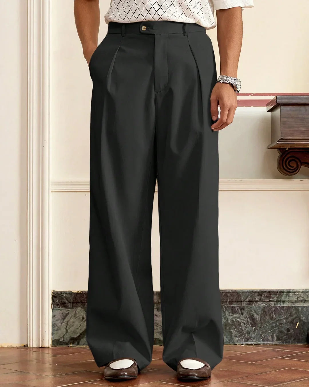 Men High-Waist Tailored Straight-Leg Trousers in Black - Littlebox India Men High-Waist Tailored Straight-Leg Trousers in Black - Littlebox India