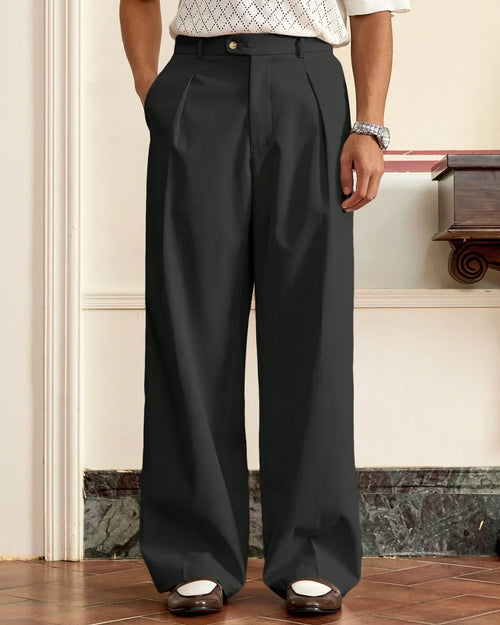 Front view of Black high waist straight leg trousers for men with tailored fit, smooth fabric, and full length silhouette.