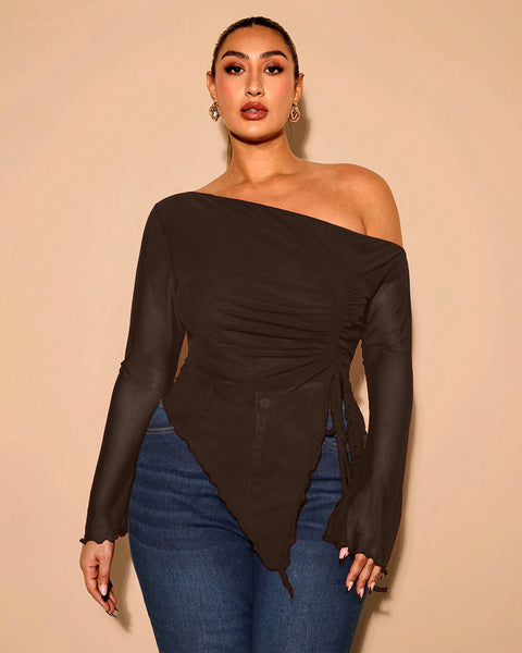 Mesh Drawstring Side Top Curve & Plus in Coco Brown Front View for Women | Littlebox India