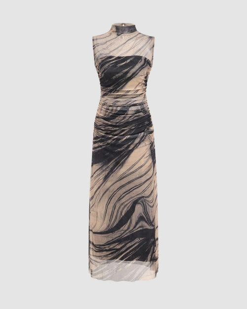 Front view of high neck maxi dress with sleeveless design, abstract print and fitted silhouette for a sleek look.