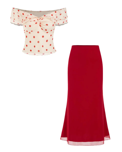 Front view of skirt and top co ord set with off shoulder printed top and red midi skirt, stylish matching outfit look