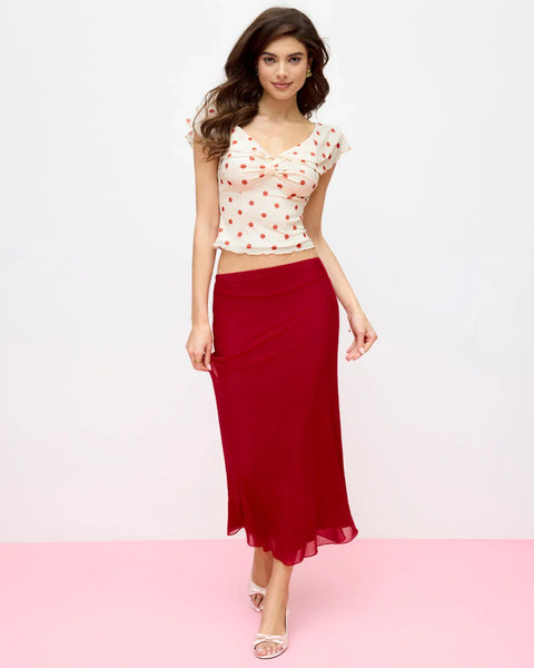 Mesh Off-Shoulder Polka Dot Ruffled Top & Mermaid Maxi Skirt Set On Model for Women | Littlebox India