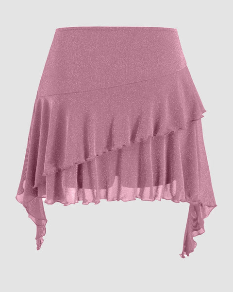 Mid Rise Glitter Ruffled Hem Layered Mini Skirt in Pink Front View For Women | Littlebox India