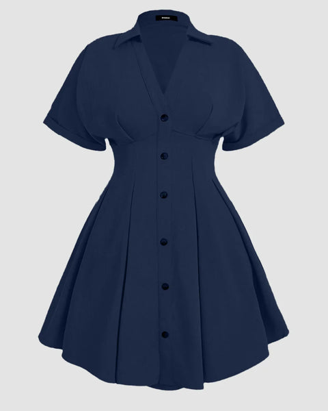 Navy Blue Collared Button-Down Pleated A-Line Mini Dress Curve & Plus Front View for Women | Littlebox India