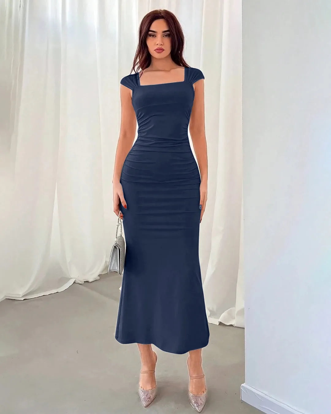 Navy Blue Square Neck Cap Sleeve Bodycon Midi Dress Navy Blue Square Neck Cap Sleeve Bodycon Midi Dress