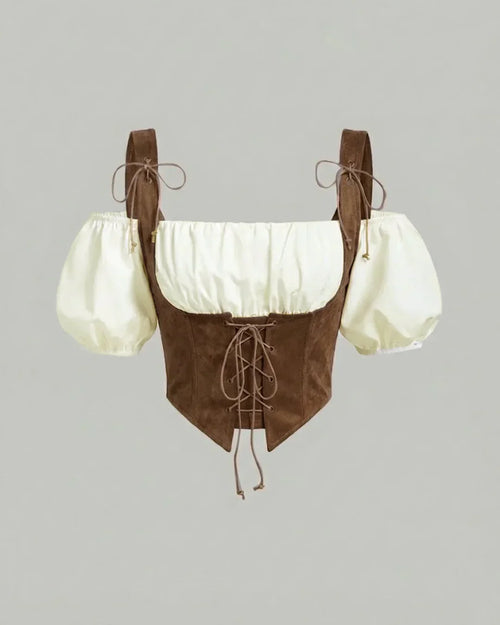 Front view of Milky white off-shoulder top with square neckline, puff sleeves and slim fit bodice, styled with a lace-up front.