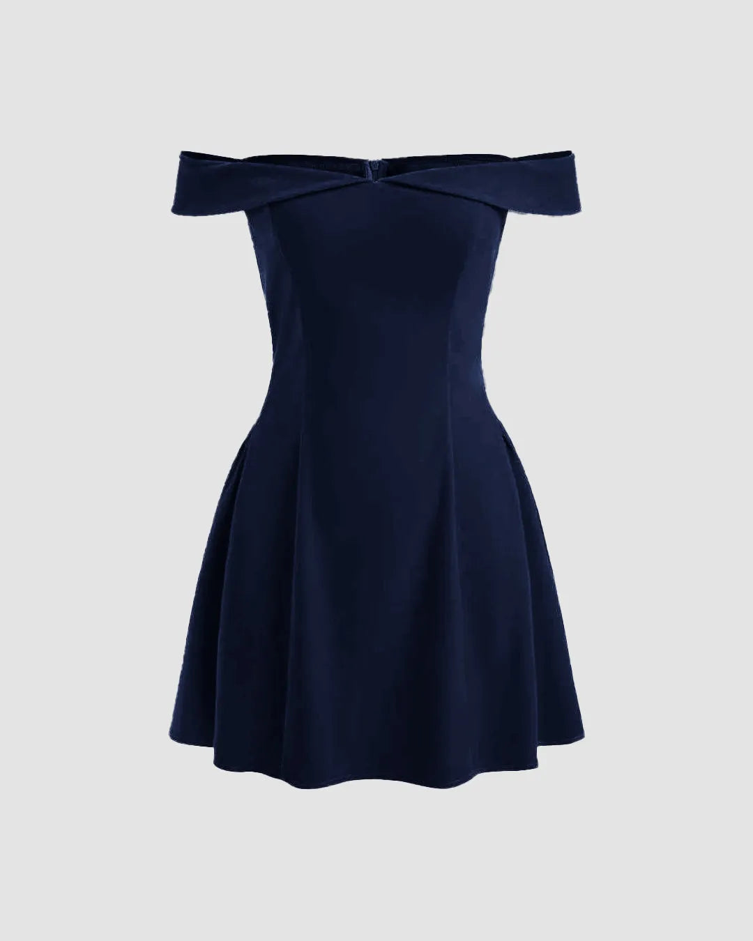 Off- Shoulders Solid Zipper Dark Navy Mini Dress Off- Shoulders Solid Zipper Dark Navy Mini Dress
